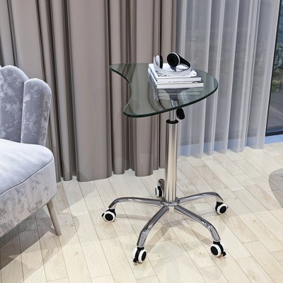 VYNXARIA Adjustable Height Transparent Tempered Glass Table Desk Table with Lockable Wheels