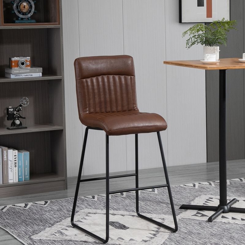 HOMCOM 30" Industrial Bar Stool, PU Leather Barstool with Footrest, Upholstered Armless Pub Height Chair, Brown / Black, 3 of 7