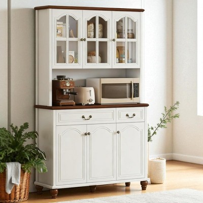 Mshliw Kitchen Buffet Storage Cabinet with 6 Doors, 2 Drawers and Adjustable Shelves, Glass Door Hutch for Dining Room or Living Room
