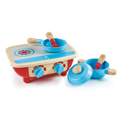 Hape E3170 Kids Toddler Wooden Pretend Play Kitchen Stove Top Set With Pot Pan Lid Spoon And Spatula Accessories Target