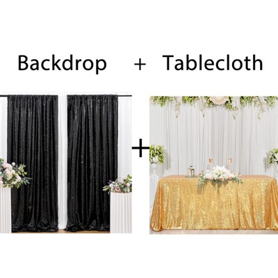 Wikineon Black Sequin Backdrop and Gold Sequin Tablecloth
