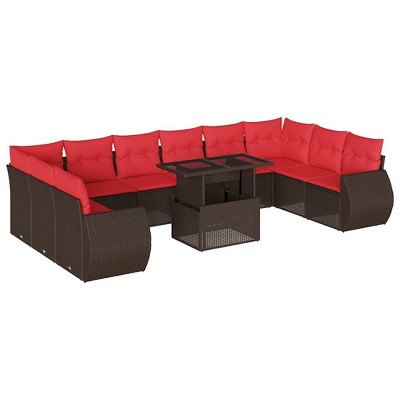vidaXL 11 Piece Garden Sofa Set with Cushions and Table - Brown Poly Rattan