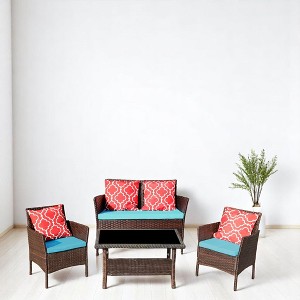 4-Piece Outdoor PE Rattan Conversation Set with Chairs and Glass Side Table, Wicker Patio Furniture for Porch, Balcony, Garden - 1 of 4