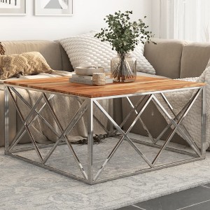 vidaXL Coffee Table Silver Stainless Steel and Solid Acacia Wood - 1 of 4