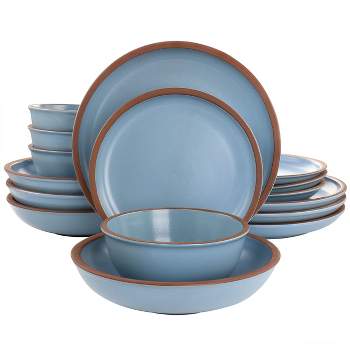 Soho Lounge Lagos 16 Piece Terracotta Double Bowl Dinnerware Set in Solid Matte Blue