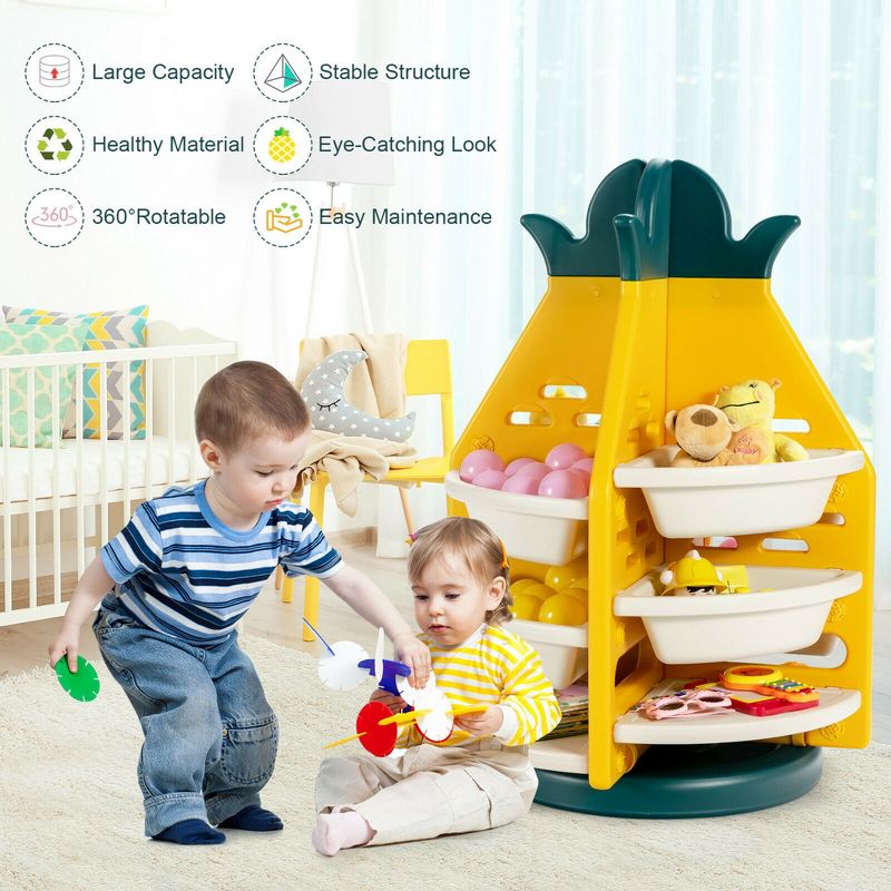 Costway Kids Toy Storage Organizer 360° Revolving Pineapple Shelf w/Plastic Bins, 4 of 13