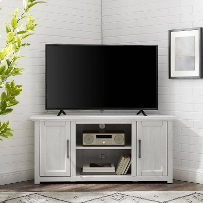 Whitewash Corner TV Stand with Cabinets and Open Storage