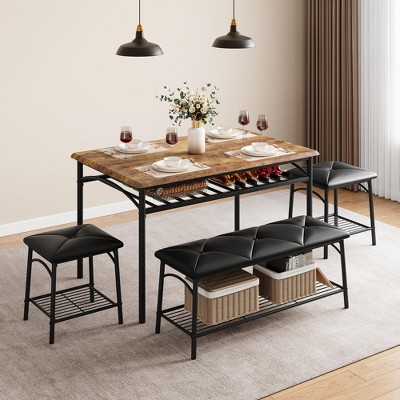 4-Piece Dining Set w/Bench - Kitchen Table w/Storage Shelves & PU Cushions, Metal/Wood Design for Small Spaces