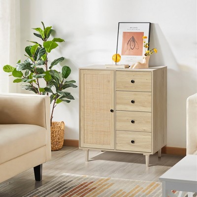 White Oak and Rattan 4-Drawer Storage Cabinet