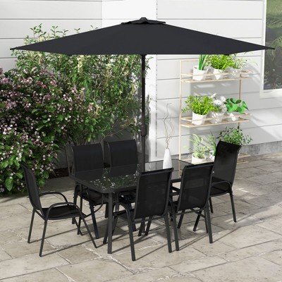 Black 6-Person Outdoor Dining Set with Glass Table and Umbrella
