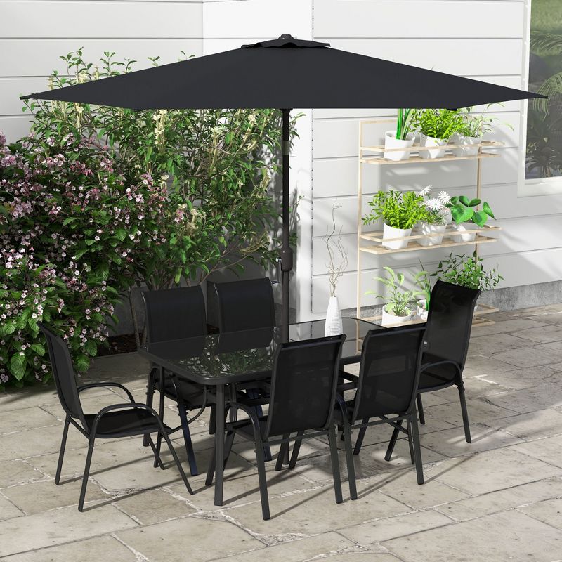 Outsunny 8 Piece Patio Furniture Set with Umbrella, Outdoor Dining Table and Chairs, 6 Chairs, Push Button Tilt and Crank Parasol, Glass Top, Black, 2 of 7