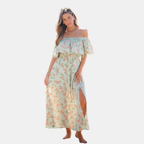 Женские платья Cupshe Women's Floral Off-Shoulder Beach Maxi Wedding Guest Dress-S-Green