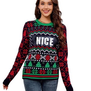KOJOOIN Women's Sequin Embroidered Jacquard Christmas Sweater - Long Sleeve Knit Pullover for Holiday Festivities - 1 of 4