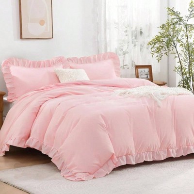 Pink Ruffle Duvet Cover Queen, 3 - Piece Soft Blush Microfiber Set with Zipper Ties