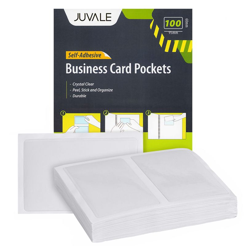 Juvale 100-Pack Clear Adhesive Business Card Holder Pockets with Self-Adhesive Top Load Plastic Protector Sleeves Labels for Labeling, 3.75x2 in, 1 of 9