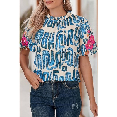 I AM A FASHION JUNKY Beige Abstract Floral Print Frilled Neck Puff Sleeve Blouse