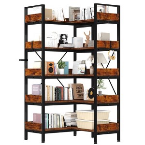 5 Tier Bookshelf, L Shaped Reversible Corner Bookcase, 65" Industrial Wooden Bookshelf with Open Shelves and Metal Frame, Adjustable Feet - 1 of 4