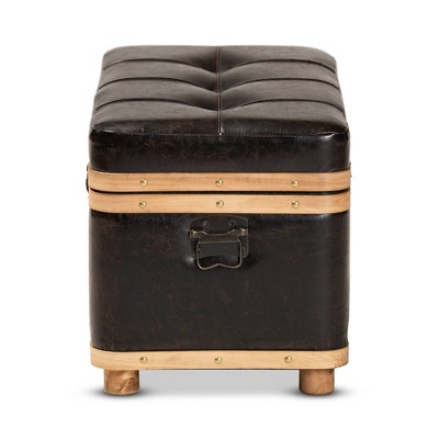 Dark Brown Faux Leather Tufted Storage Footstool with Oak Wood Bands