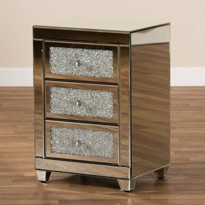 Elegant Ralston Mirrored 3-Drawer Nightstand with Crystal Accents