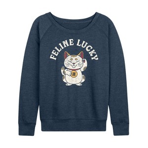 Women's - Instant Message - Feline Lucky Lightweight French Terry Wide Neck Long Sleeve Graphic Shirt - 1 of 4