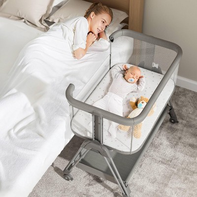 Bassinet Bedside Sleeper with Wheels and Storage Tray,4-Sided Mesh Easy Folding Bedside Crib