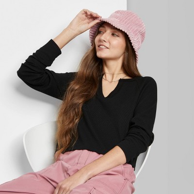 Women's Long Sleeve V-Neck Waffle Boxy T-Shirt - Wild Fable™ Black XS
