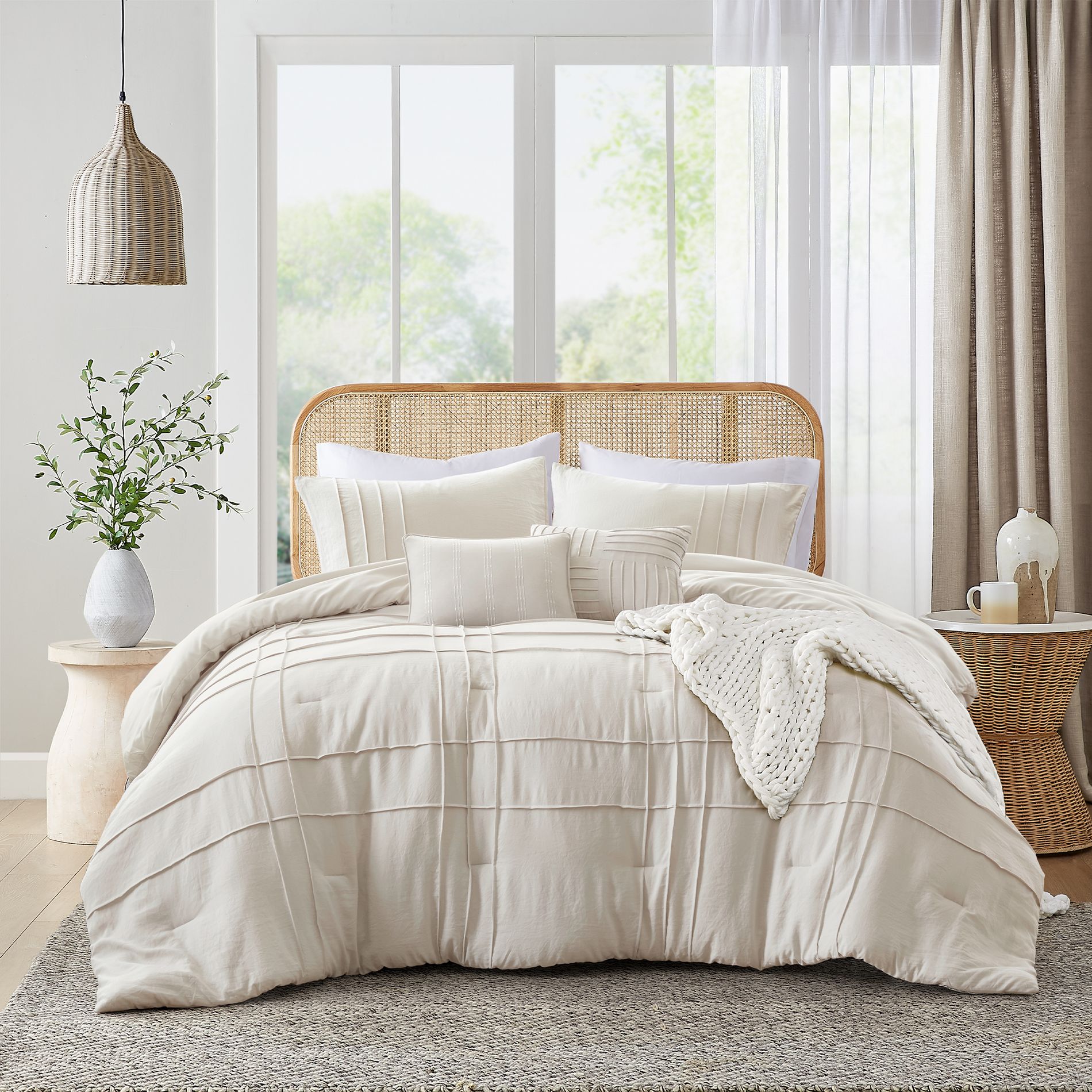 5 Pcs Solid Color Pinch Pleated Comforter Sets, Premium Touch Lightweight Bedding Set with Matching Shams and Decorative Pillows