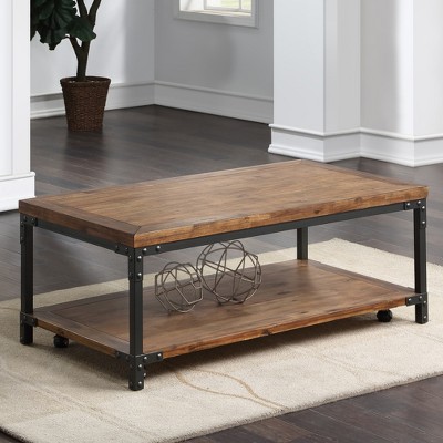 GDFStudio Berton Industrial Style 48"W Solid Wood Rectangular Coffee Table with Bottom Shelf and Nail