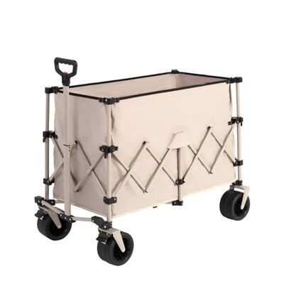 VisioGear Foldable Extended Wagon with 220lbs Weight Capacity, 300L Folding Utility Garden Cart with Drink Holders, Black, 42.91"*20.87"*32.68"