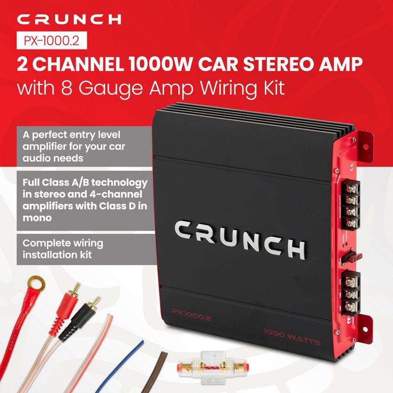 Crunch PX-1000.2 2 Channel 1000 Watt Amp A/B Class Car Stereo Power Amplifier & Soundstorm AKS8 8 Gauge Car Amplifier Amp Complete Wiring Kit, 2 of 7