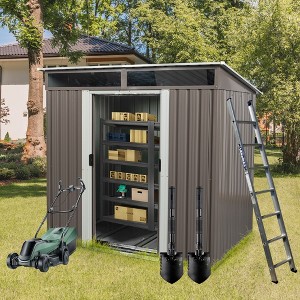 6' x 5' Outdoor Storage Shed, Garden Tool Metal Shed, Sliding Lockable Door with Window, Air Vents and Sloping Roof, for Backyard, Patio, Lawn - 1 of 4