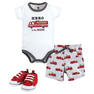 Hudson Baby Infant Boy Cotton Bodysuit, Shorts and Shoe Set, Firetruck Hero - 1 of 4