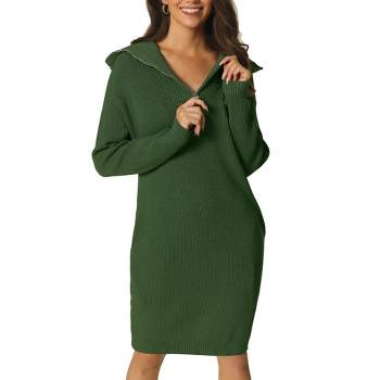Seta T Women's Fall Winter Zipper V Neck Long Sleeve Slim Fit Casual Sweater Dress