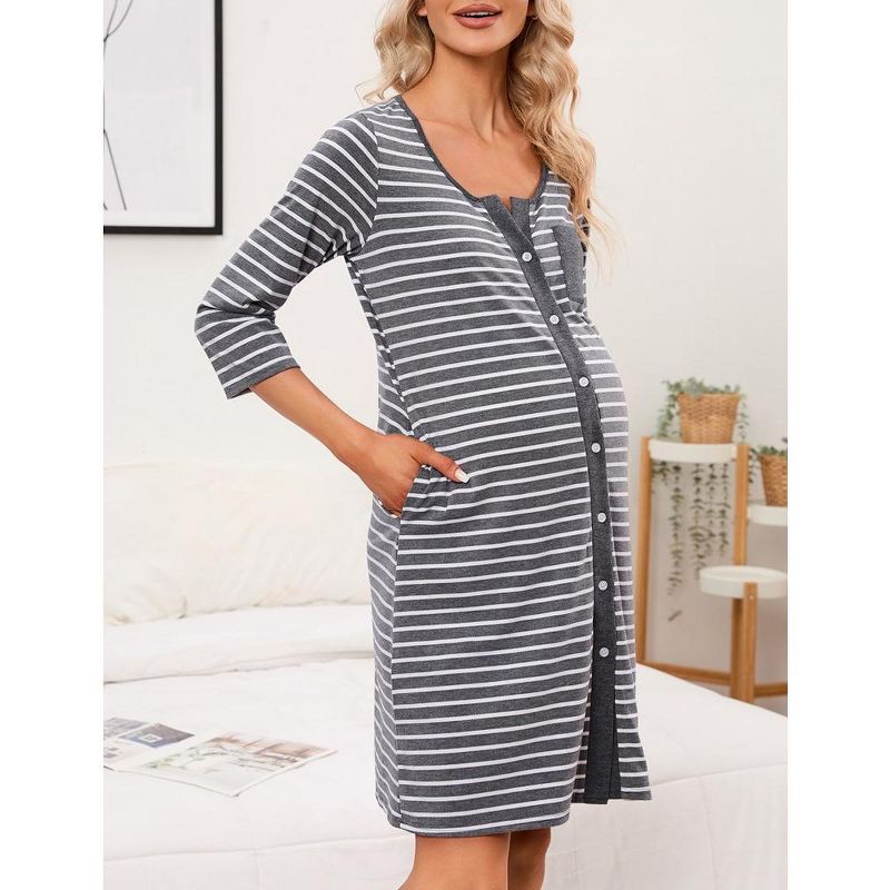 WhizMax Mothers Day Gifts Maternity Nightgown Women's 3/4 Sleeve Striped Nursing Sleepshirt Full Button Breastfeeding Sleep Dress, 4 of 10
