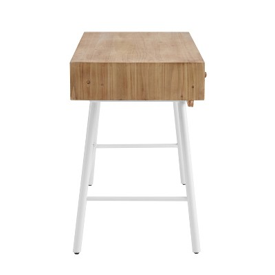 Natural Wood and White 3-Drawer Desk with Iron Legs