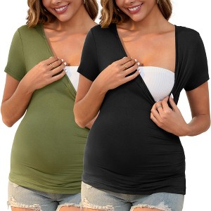 INSPIRE CHIC 2 Pcs Women's Soft Material Faux Wrap Side Ruched Cross V Neck Maternity Top - 1 of 4