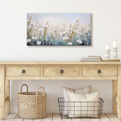 Americanflat Floral Canvas Wall Art Featuring White Wildflowers with Hand-Painted Accents - Gallery Wrap - Green, Beige and Blue - Modern Wall Art