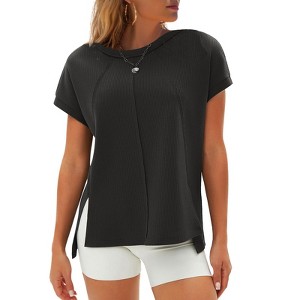 EXLURA Womens Summer Oversized Tops Short Sleeve Crewneck Waffle Shirts Casual Blouses - 1 of 4