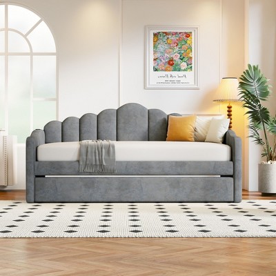 Kumasinova Twin Size Upholstered Daybed with Trundle,Sofa Bed Frame with USB Ports,Velvet Headboard for Bedroom,Living Room,No Box Spring Needed