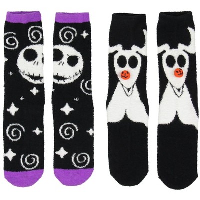 The Nightmare Before Christmas Zero and Jack Skellington Adult Plush Slipper Socks w/ No-Slip Sole 2 Pack Black