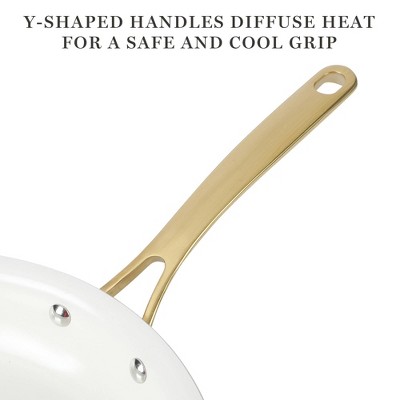 Linen White 10-Piece Nonstick Enamel Aluminum Cookware Set with Gold Handles