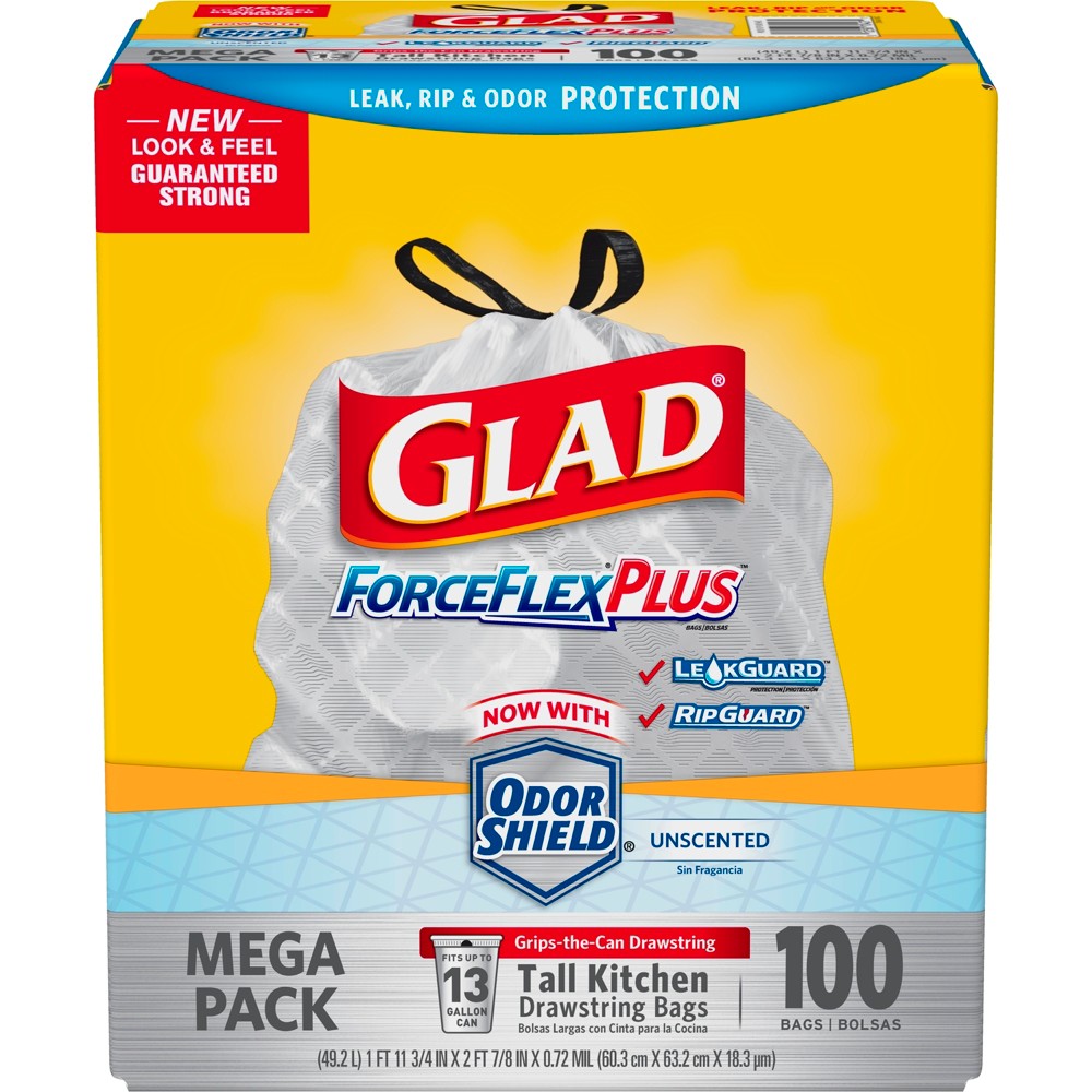 glad quick-tie tall kitchen trash bags - 13 gallon - 200 count (15931)