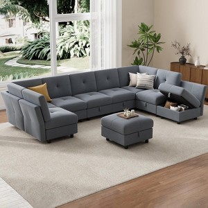 91” Modular Sectional Sofa, Cloud Sectional Couch with 9 Deep Seat,9 Seat with Storage & Chaise, U-Shaped Velvet Couch, for Living Room, Blue - 1 of 4