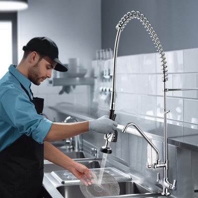 48" Chrome Wall Mounted Commercial Kitchen Faucet with Pull-out Spray