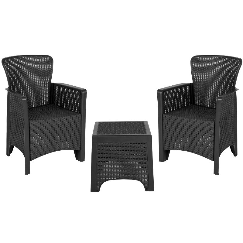 Merrick Lane Outdoor Furniture 3 Item Set Faux Rattan Resin Wicker Lounge Chairs And Side Table Dark Gray Patio Furniture, 1 of 15