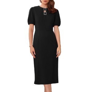 INSPIRE CHIC Women Puff Sleeve Keyhole Round Neck Elegant Business Sheath Midi Pencil Dress - 1 of 4