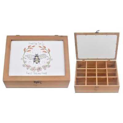 Transpac Wood 13 in. Brown Honey Bee Compartmentalized Tea Box