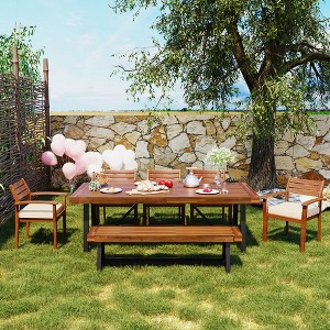 FURNIinspire Dining Sets Outdoor Wood Dining Set For 7-8 Person, 78.7"*36" Dining Table With 5 Arm Chairs And 1 Bench, Chairs With Removable Cushions - 1 of 4