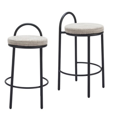 HomeRoots Set of Two 26" Beige and Black Chenille and Steel Low Back Counter Height Bar Chairs