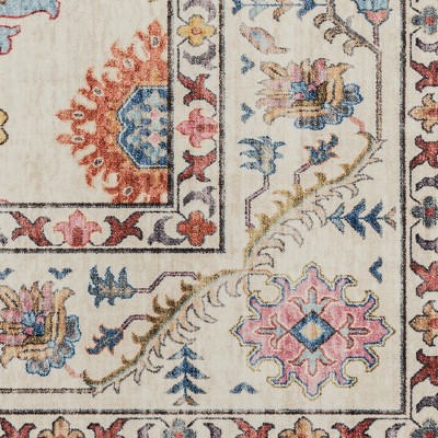 Ivory and Blue Synthetic Washable 5' x 7' Area Rug